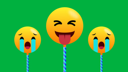 one laughing and two crying emoji stick isolated on green screen. concept for very funny moments.