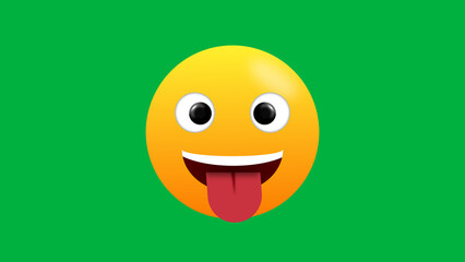 zany face emoji isolated on green screen. yellow face with big eyes and tongue out expression.