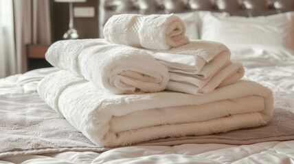 white towels invitingly folded on a luxurious hotel bed