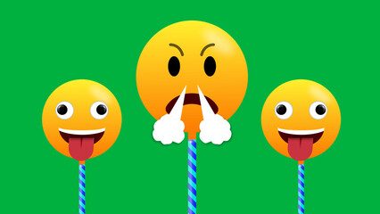 two zany expression emoji and angry emoji stick isolated on green screen. funny yellow face illustration.