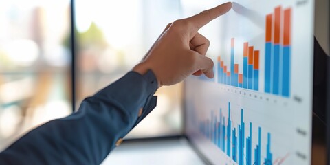 Close-up of a businessman's hand pointing at a bar chart on a digital screen, analyzing financial data