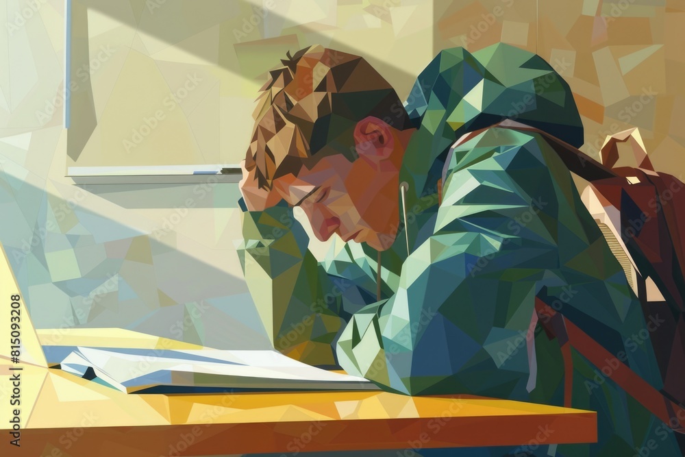 Poster a man sitting at a table with a laptop, suitable for business concepts