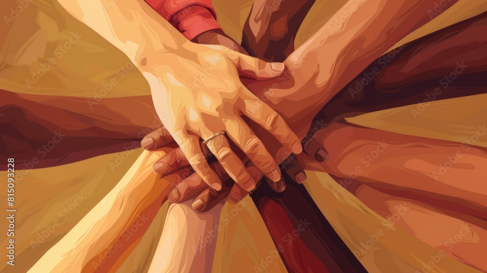 Poster a group of people with their hands on top of each other. suitable for teamwork concept