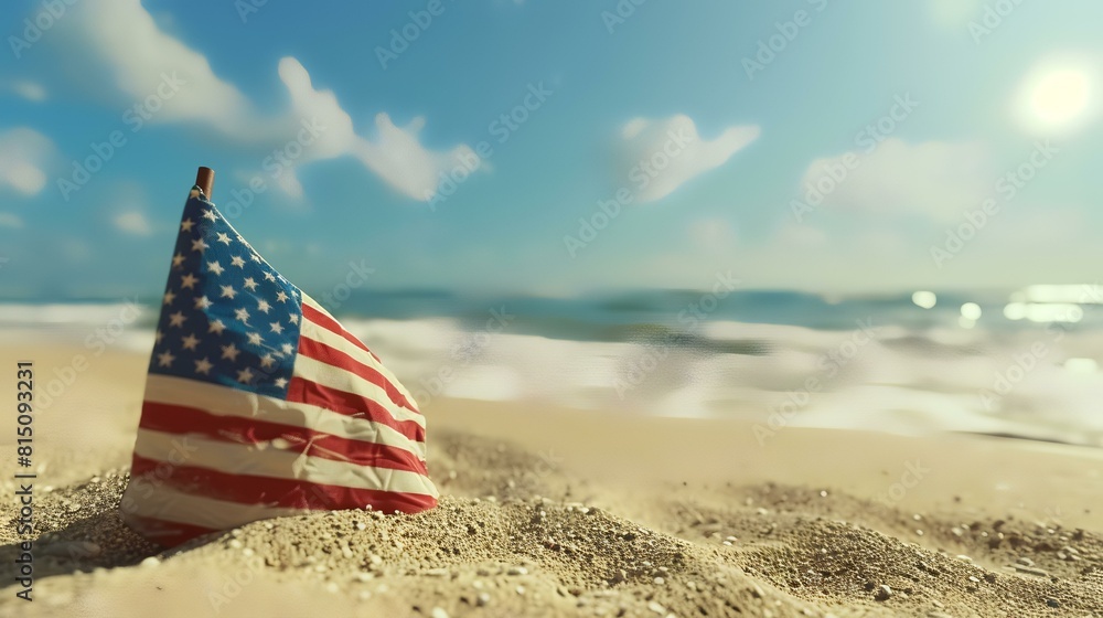 Wall mural American flag on sandy beach at sunset. USA independence day concept.