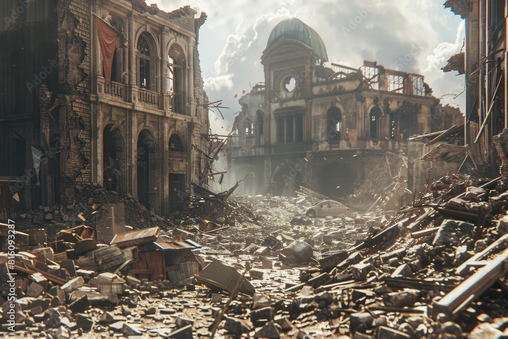Poster A picture of a destroyed building with a clock tower in the background. Suitable for urban decay or post-apocalyptic themes