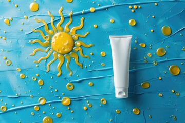 Sunscreen cream tube on blue surface, perfect for summer concepts