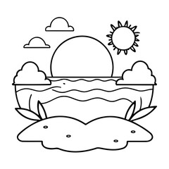 Cute vector illustration Sunset drawing for kids colouring activity