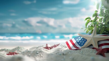 Obraz premium American flag on sandy beach at sunset. USA independence day concept.
