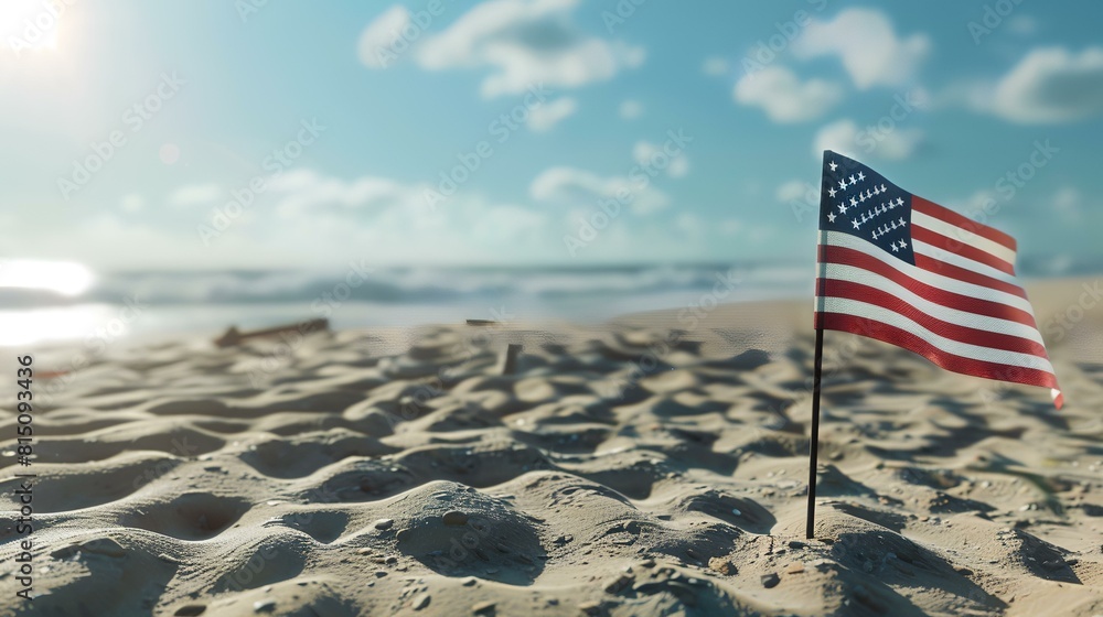 Wall mural american flag on sandy beach at sunset. usa independence day concept. - Wall murals