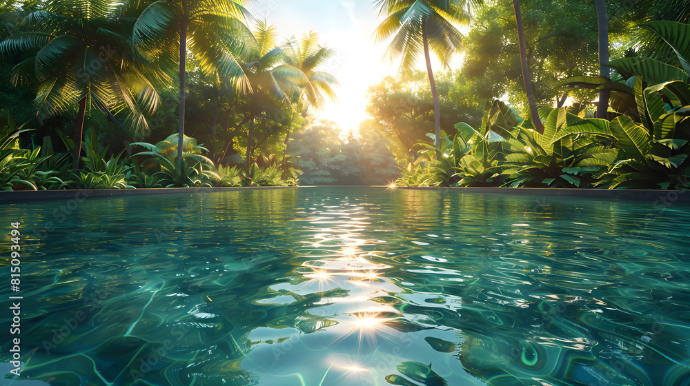 Poster sun shines on tropical pool and palm trees. generative by ai