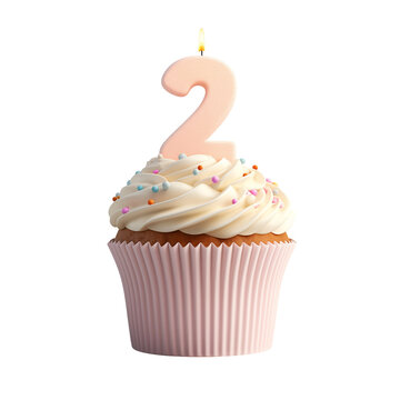 A cupcake with a number 2 candle on top, ready to celebrate second birthday, isolated on transparent background.