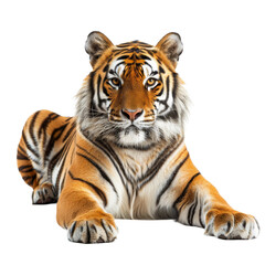 Naklejka premium A Bengal tiger is resting in a relaxed position on a plain white surface, a bengal tiger isolated on transparent background