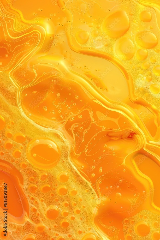 Poster Close up of yellow liquid with bubbles. Ideal for science or laboratory concepts