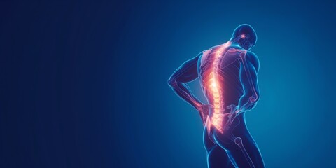 A digital illustration of a man's silhouette highlighting back and leg pain with glowing spine and nerves