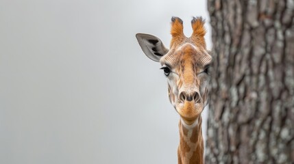 A giraffe is peeking out from behind a tree trunk