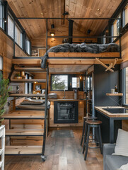 A tiny house with stairs and a loft.