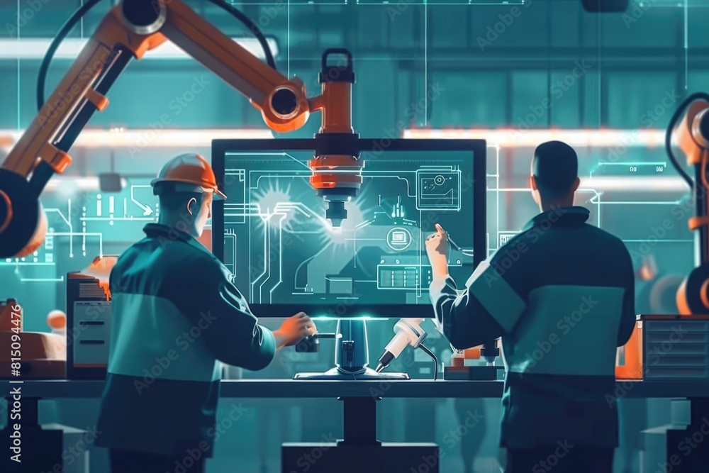Aufkleber Two men working with a robot on a computer. Suitable for technology concepts