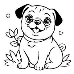 Vector illustration of a cute Pug drawing for kids page