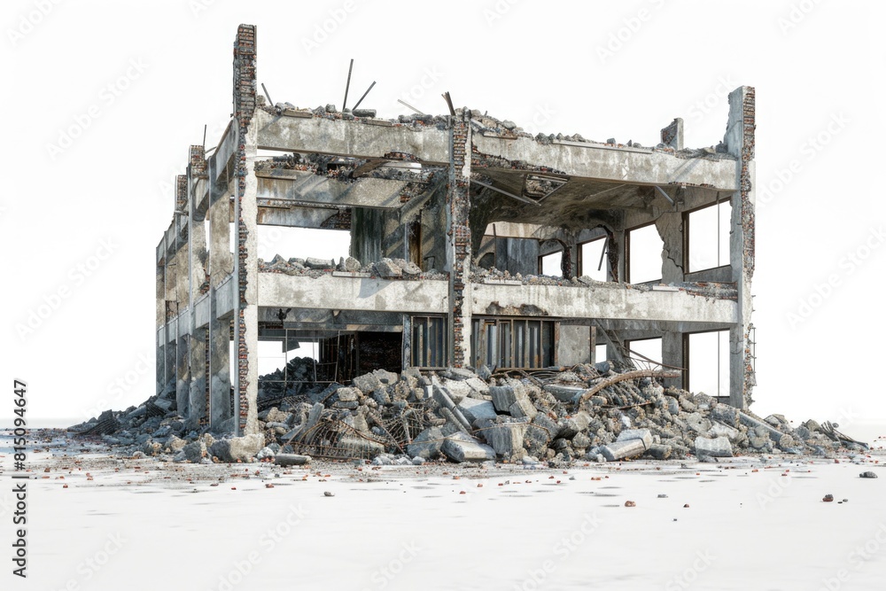Poster a building with a pile of rubble in front of it. suitable for construction or renovation concepts