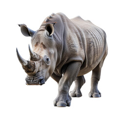 Fototapeta premium A black rhinoceros confidently walks on a Png background, showcasing its powerful presence, a black rhinoceros isolated on transparent background