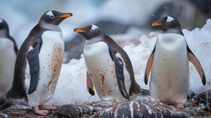 Penguins in Antarctica. A group of penguins. Pack. Penguins standing close to each other.