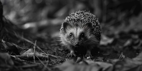 Fototapeta premium A small hedge walking through fallen leaves. Perfect for nature and gardening themes