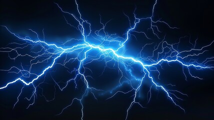 A blue lightning strike depicted on a black background. Looks ultra-realistic thanks to high image resolution. Its vibrant blue color contrasts with the dark background to create a dramatic effect.