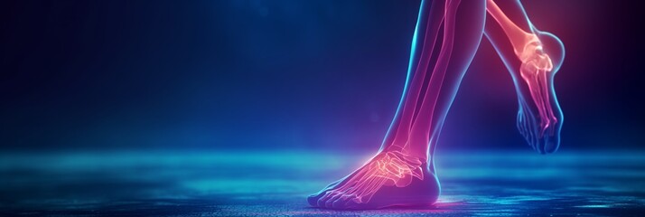 Vibrant neon glowing outline illustrating the human foot bones in motion on a dark background