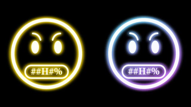 continuously speaking obscene language emoji animation in bright neon light on black background
