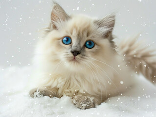 A white cat with blue eyes is sitting in the snow.