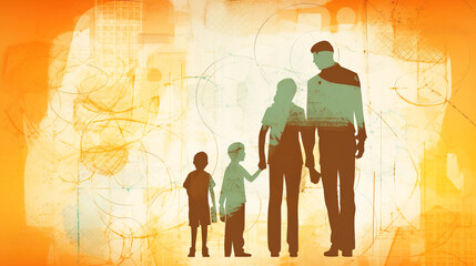 Father Day. Graphically contours of a child next to dad, wallpaper background. AI generated.