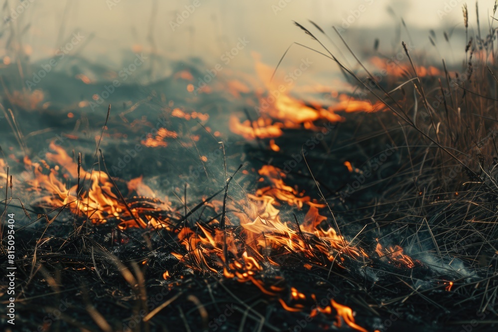 Poster A fire burning in the middle of a field, suitable for various concepts and projects