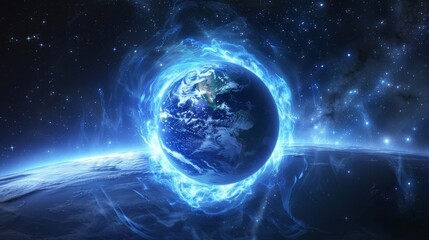 Fototapeta premium A planet is surrounded by a bright orange sun and a red planet