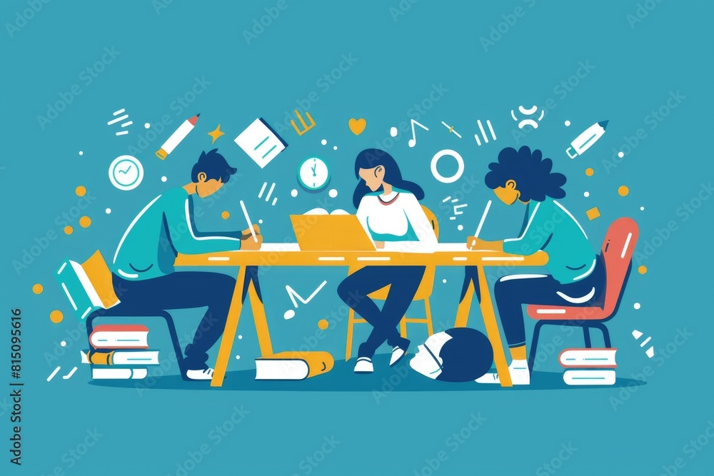 Poster Group of three people working together at a table with laptops. Suitable for business and teamwork concepts