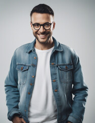 Fototapeta premium Portrait of a smiling man in blue jean jacket and glasses, isolated white background 
