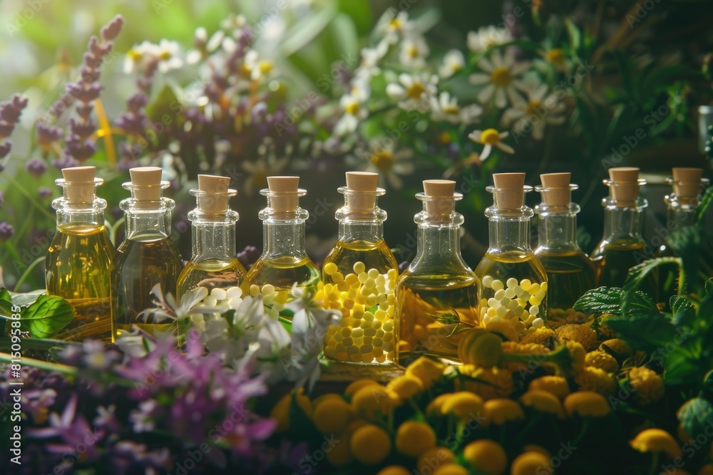 Poster Various bottles filled with different types of oils. Ideal for health and wellness concepts