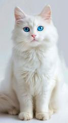 Obraz premium A white cat with blue eyes sitting on a gray background.
