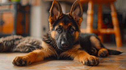 A german shepherd puppy laying on the floor.