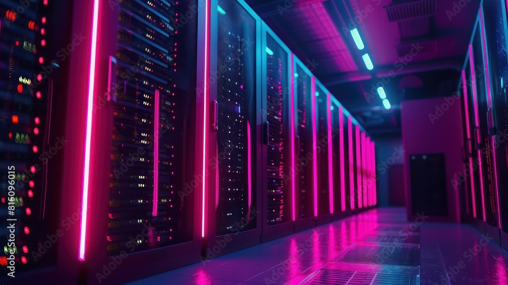 Poster abstract image of a futuristic data center. glowing neon lights illuminate the room, creating a sens