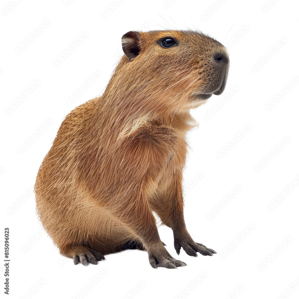 Poster a capybara sitting calmly on a plain white surface, a capybara isolated on transparent background