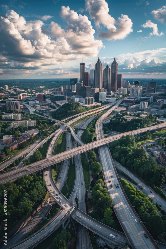 Poster aerial view of highway intersection with city skyline in background. ideal for urban infrastructure 