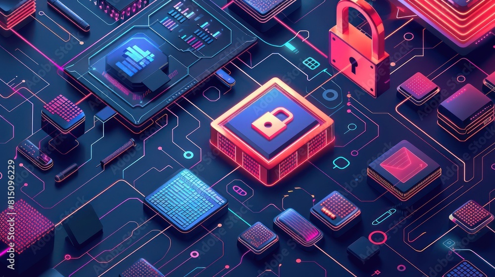 Poster circuit board with electronic components, microchips and padlock. concept of data security, encrypti