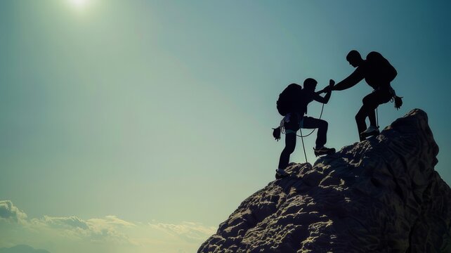 Help and assistance concept. Two men climb a mountain while helping each other. Reaching the top.