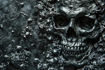 Detailed shot of a metal skull on a surface, suitable for dark-themed designs