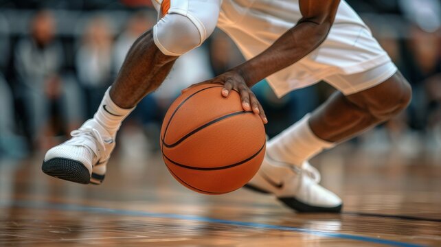 A basketball player dribbles the ball. Basketball, sport concept. Basketball court.