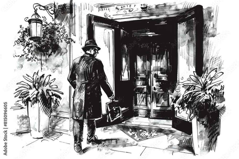 Poster a black and white drawing of a man standing in front of a door. suitable for various projects