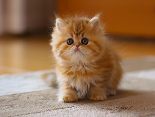 Fototapeta premium A small orange kitten sitting on the floor.