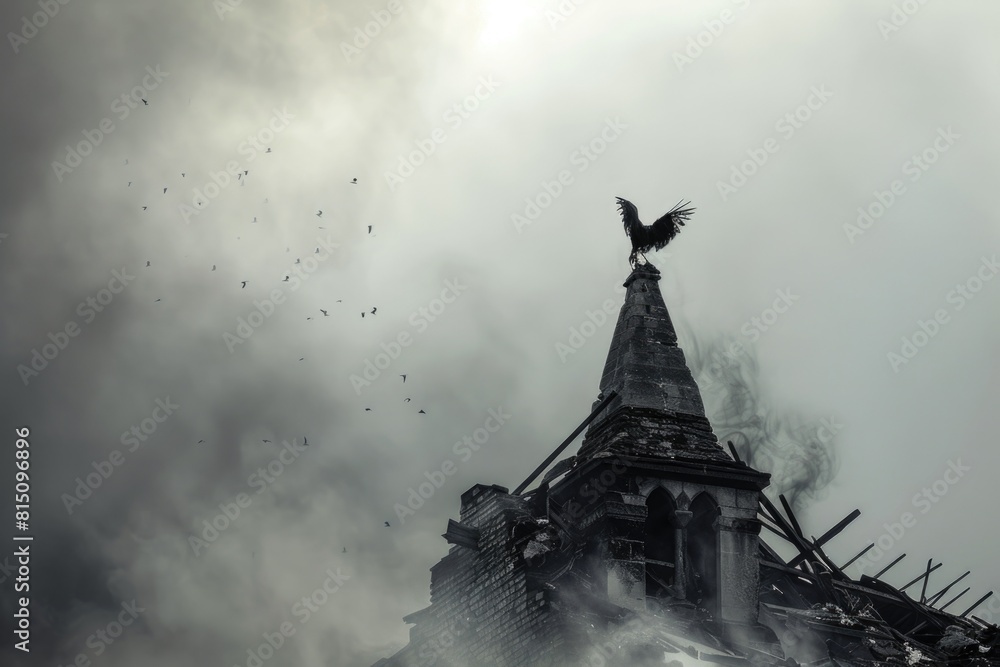 Poster a black and white photo of a clock tower. suitable for historical or architectural concepts
