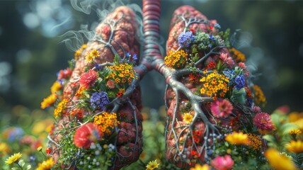 Fototapeta premium The concept of a healthy lifestyle, no smoking. Healthy lungs. An illustration of the breathing of healthy lungs, inside of which flowers bloom at the tips of the arteries. White background.