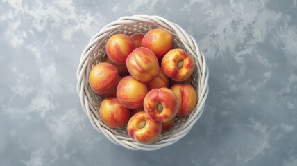 Nectarines in a light wicker basket, top view. A bright image of a fruit.